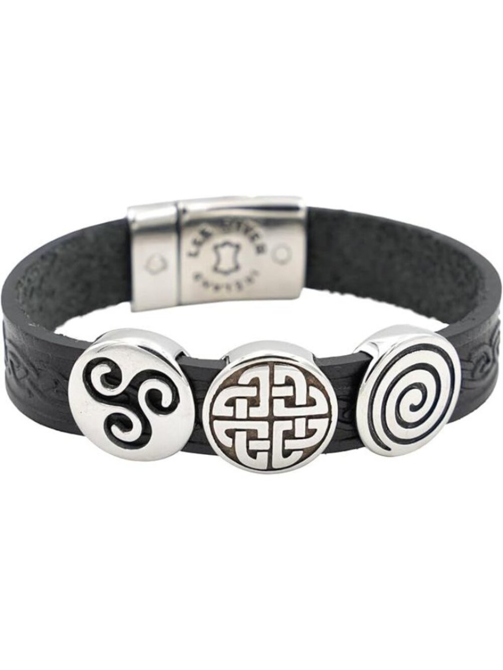 Lee River Black Leather Bracelet Celtic Stainless Steel Charms Size M Ireland